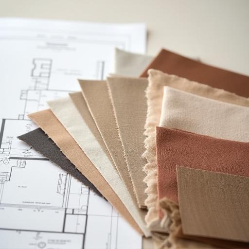 Campionari di tessuti e legni su un tavolo da architetto.
